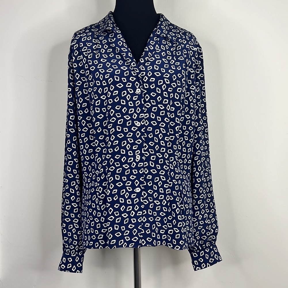 LIZ CLAIBORNE Vintage Navy White Pleated Blouse 10